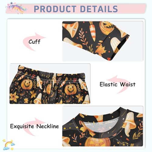 Fustylead Halloween Vibrant Pumpkin Mushroom Witch Hat Leaves Cotton Pajama Sets 2 Piece PJ Top and Bottom Nightwear Set4