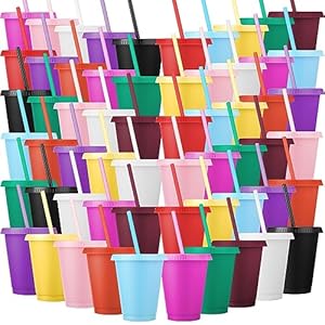 Cups with Straws and Lids Kids Tumbler with Straw Reusable Water Bottle Iced Coffee Travel Mug Cup Adults Plastic Cups for Parties Birthdays 16 oz (Stylish Colors, 100 Pack)