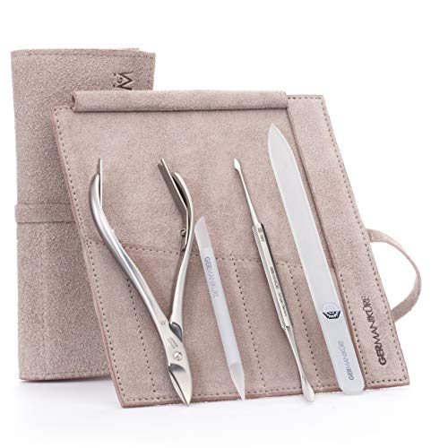 GERMANIKURE 4pc Professional Manicure Set in Beige Suede Case – FINOX Stainless Steel Tools Made in Solingen Germany Glass, Nail Care Supplies Made in Czech Republic