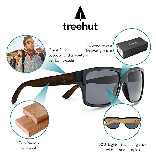 TREEHUT Ebony Stylish Wood Frame Sunglasses - Temples Classic Aviator Retro Square Wood Lightweight Sunglasses - Perfect for Fishing Driving Walking Usage - Ebony Black2