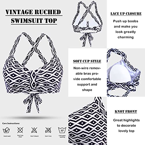 Women's Retro Printed Adjustable Thick Straps Cross Back Push Up Vintage Bikini Swimsuit Tops Only3