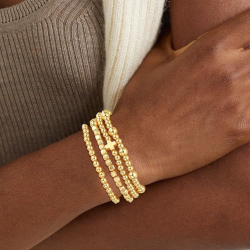 COLOYAN 10-Piece Stackable Gold Bead Bracelet Set for Women, Elegant Cross and Pearl Elastic Wristbands - Image 3