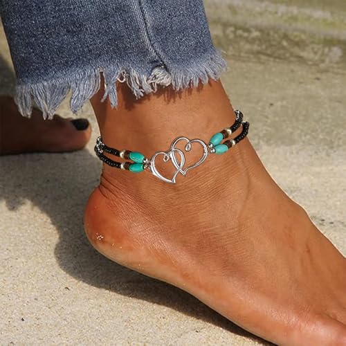 RIJXU 2 Pack Boho Beaded Anklets for Women with Silver Double Heart Charms - Summer Elastic Jewelry (White & Black) - Image 3