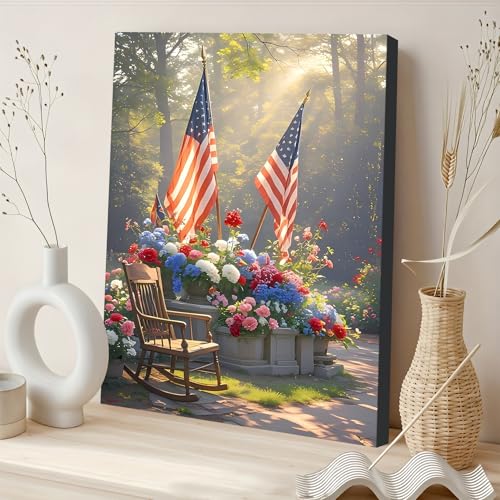 Image of Framed American Flag Floral Garden Wall Art, Patriotic 4th of July Canvas Art Pictures, USA Flag Flower Wall Decor, Made in USA Ready to Hang for Living Room Porch