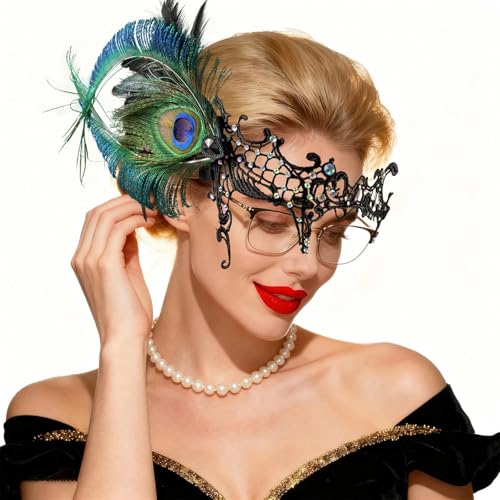 MYSEUNI Masque en dentelle à plumes pour femme - Demi-masque de mascarade pour lunettes - Masques fantômes pour Halloween, fête vénitienne, Mardi Gras – vue 2