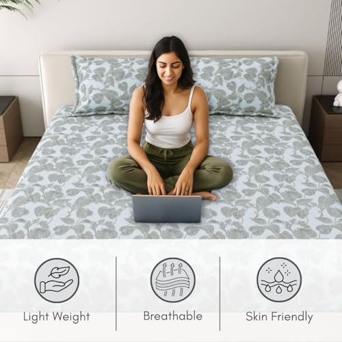Image of Mafatlal Classic Comfort 186 TC Double Bedsheet with Pillow Cover 90x100 Inch - Light Blue & Grey | Soft, Breathable, Lightweight & Durable Everyday Furnishing