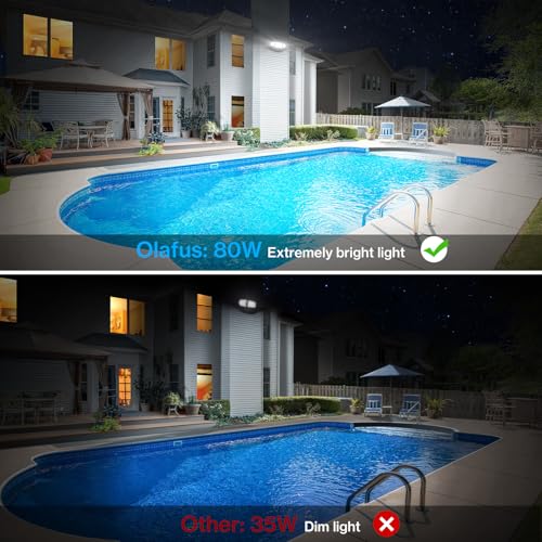 Olafus 80W Flood Lights Outdoor 2 Pack, Switch Controlled LED Security Lights 8000LM, 6500K Outside Floodlight, IP65 Waterproof Exterior Light Fixture for House, Yard, Garage, Wall/Eave Mount Black by Olafus - Used condition - Image 3