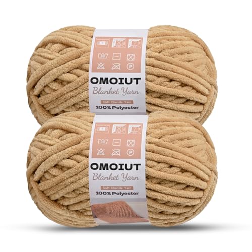 Image of OMoiout Chunky Chenille Yarn for Crocheting, 2 Pack Soft Baby Blanket Yarn, #7 Super Bulky, Chunky Knit Blanket Crochet Yarn, 14 oz /218.7 yds Fluffy Velvet Amigurumi Yarn(2 Khaki)