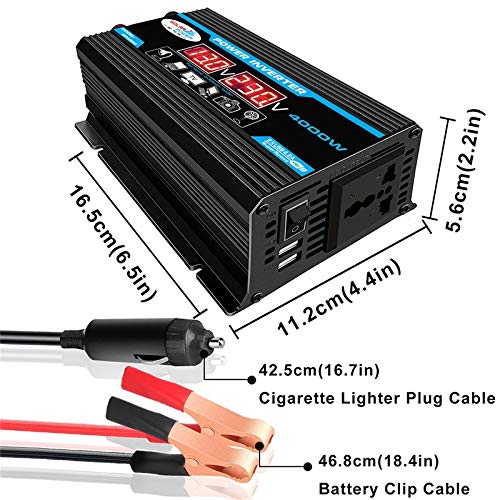 Convertisseur 12v 220v,Convertisseur Pur Sinus Affichage onduleur de voiture Adaptateur Convertisseur Chargeur 4000W 12V 220V / 110V double USB Transformateur de tension à onde sinusoïdale modifiée(Ye