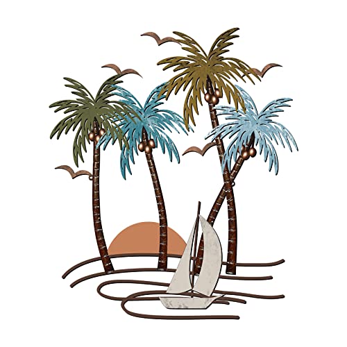 Shimeyao Tropical Beach Wall Art Palm Tree Metal Wall Art Outdoor Beach Bathroom Decor Tropical Metal Tree Sculptures for Indoor Outdoor DecorSailboat