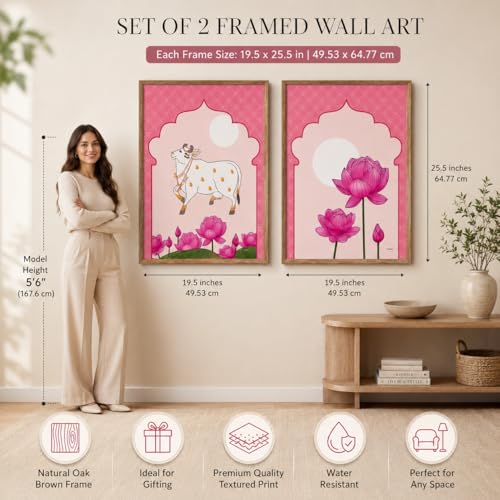 Image of Livin'luxe Set of 2 Pink Kamdhenu Cow Lotus Wall Paintings for Living Room Bedroom Home Decor with Premium Wooden Color Synthetic Frame (25.5 x 19.5 Inch) NM02-58