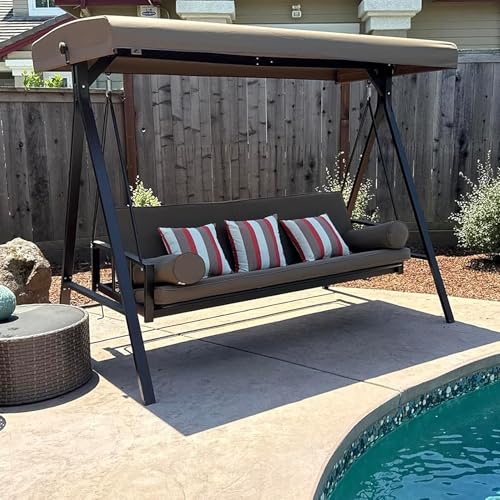 Image of PURPLE LEAF Outdoor Patio Porch Swing Adjustable Backrest with Canopy 3-Seat Convertible Swing Bed Chair with Stand Heavy Duty for Adults, Backyard Porch Lawn, Cushion and Pillows Included Beige