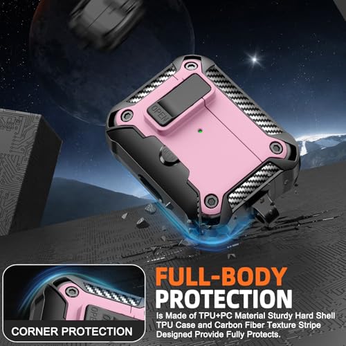 Image of for AirPods Pro 3 Case with Lock & Phone Stand(Pink) | Automatic Snap Switch Lock,Carbon Fiber Texture Design Cover with Cleaner Kit