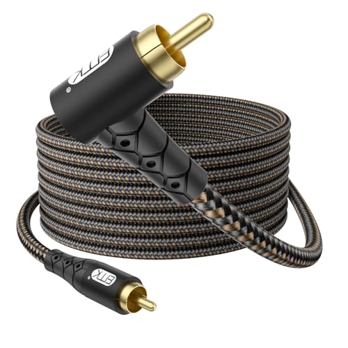 EMK 90 Degree RCA Subwoofer Cable 24K Gold-Plated Connector Nylon Braided Double Shielded – Support Digital & Analog Signals for Amplifier, Home Theater, Hi-Fi System,Subwoofer Black/25ft/8m