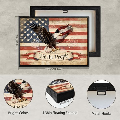 Image of American Flag Framed Canvas Wall Art, 4th of July Red White Blue Canvas Prints, USA Flag with Bald Eagle Patriotic Decorations, Vintage Independence Day Wall Decor for Bedroom Living Room 24x36