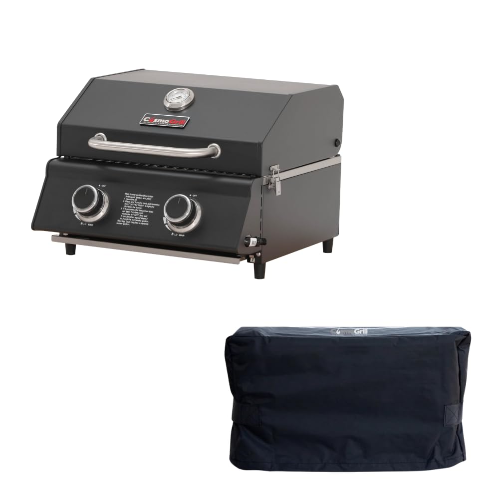 Cosmogrill Black Compact 2 Burner Gas Barbecue, Built-In Temperature Gauge For Patio Terrace, Camping, Home Garden Party Outdoor Bbq Table Top Cooking (Bbq With Cover)