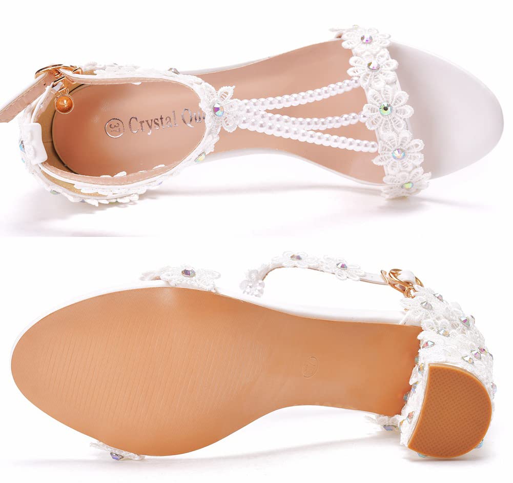 Donne Sandali con Tacco, Sexy Perline Ricamate da 7 cm Sandalo quadrate Sandalo Estate Scarpe da Sposa Scarpe Elementi,Bianca,36.5 EU