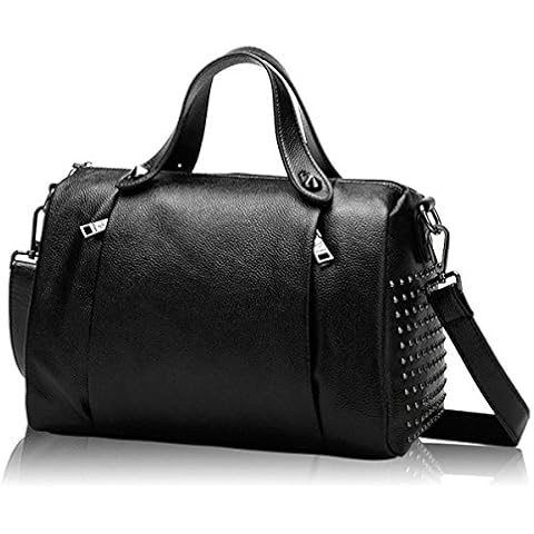 Mn&Sue Women's Medium Doctor Style Rivet Studded Genuine Leather Top Handle Barrel Purse Boston Handbag (Black) Cover