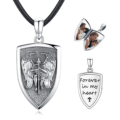 Eusense St Michael Locket Necklace that Holds Pictures Sterling Silver Archangel Michael Necklace with Picture Inside San Miguel Archangel Photo Necklace Saint Michael Picture Locket Necklace Men
