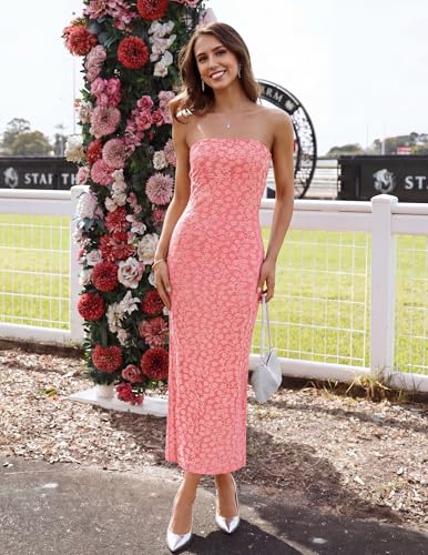 Image of ZESICA Women's 2026 Summer Floral Strapless Bodycon Midi Dress Off Shoulder Beach Formal Cocktail Wedding Guest Long Dresses