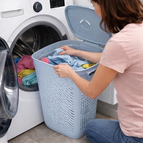 Image of Nayasa Plastic Laundry Basket with Lid - 50 Ltrs | Ventilated Clothes Hamper with Easy-Grip Handles | Clothes & Toy Storage Organizer |(Kitty) Grey