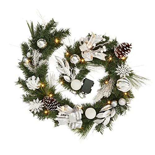 Adeeing Christmas Garland with Lights, 6 ft Pre-lit Silver White Christmas Garland with Ball Ornaments Pine Cones Berries Battery Operated Lights for Indoor Outdoor Fireplace Staircase Decoration