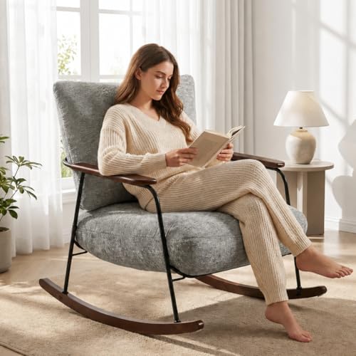 Hellove Fauteuil à Bascule en Chenille, Moderne Rocking Chair Fauteuil Relax avec Dossier Rembourré épais, Chaise a Bascule Cocooning, Berçante en Bois...