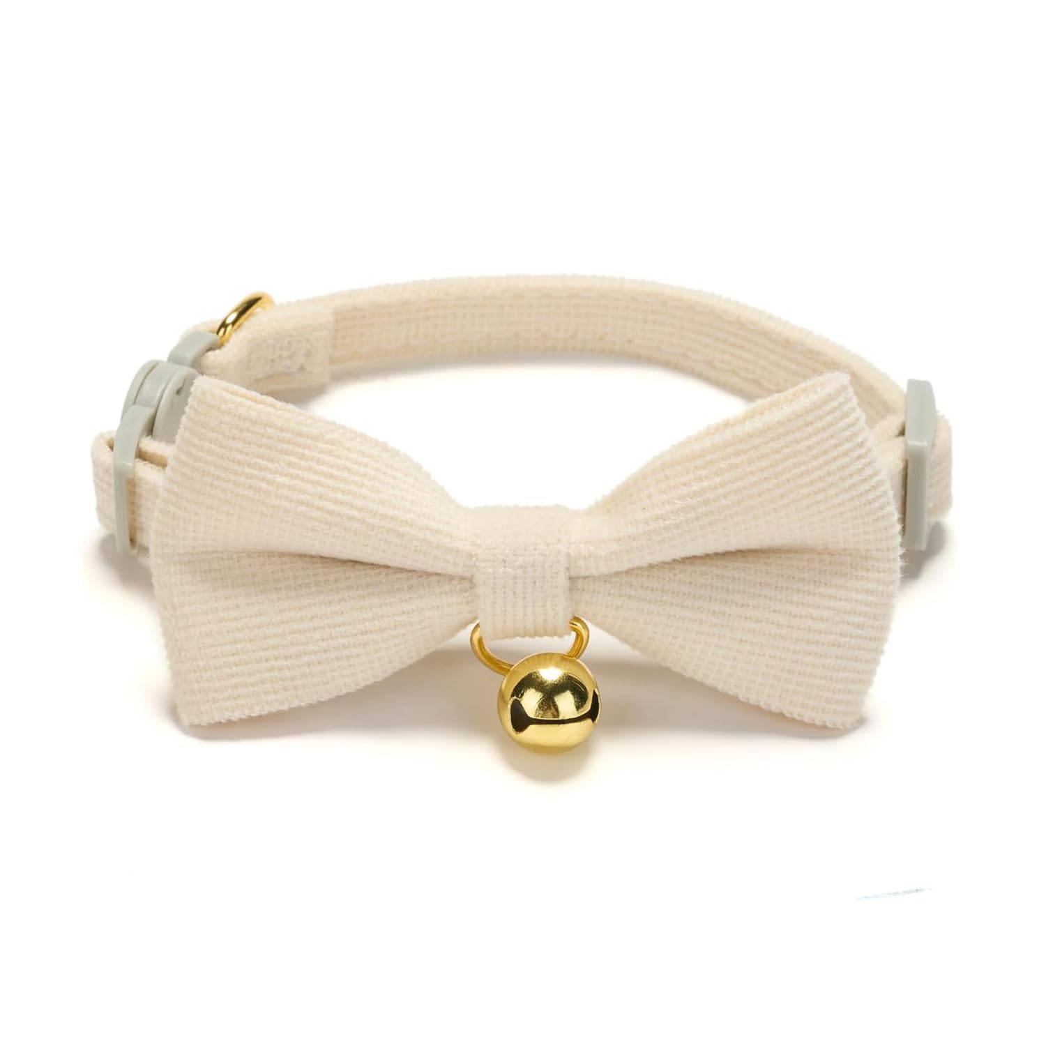 Petiry Soft Corduroy Cat Collar, Plaid Pattern, with Bell and Bowtie, Safety Breakaway Clasp, Adjustable for Kitten and Cats White Color.
