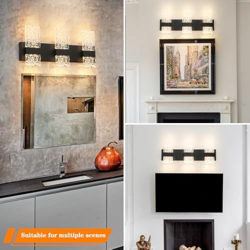 Image of Modern Matte Black 3 Lights Bathroom Vanity Light, Eleglant Black LED Bathroom Light Fixtures over Mirror, Dimmable Acrylic Shade Wall Lighting Fixtures, Hardwired Wall Light(H9.25in, L21.26in)