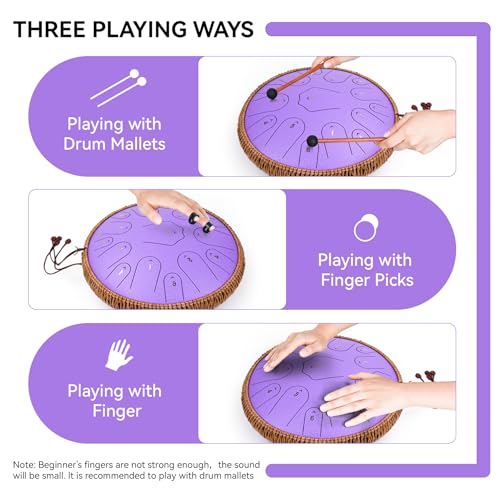 Image of Steel Tongue Drum-14 Inch 15 Notes Tongue Drums, Steel Drum Instrument for Adults, Handpan Drums with Music Book, Handpan Drum Mallet, and Carry Bag, C Major (Purple)
