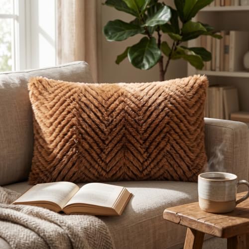 Image of Wakefit Designer Cushion Cover | 12x18 inch | Plush Fur Feel | Velvet Fabric | Machine Washable | Pack of 2 | Fur Brown