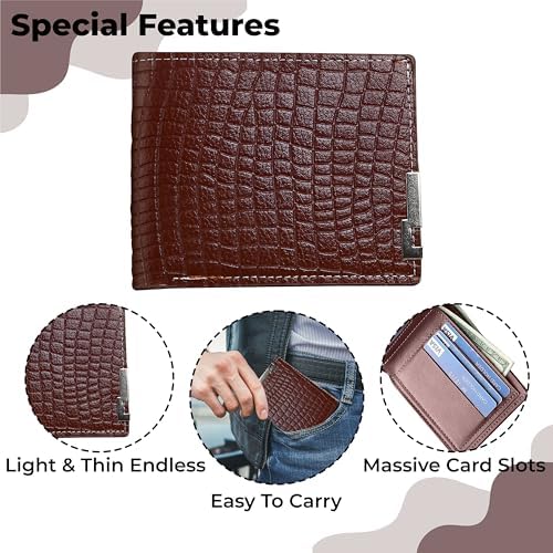 Image of Kraptick Men's Premium Textured Leather Wallet Stylish Bifold with Metal Accent Slim Travel Purse with Multi-Card Slots & Currency Compartment Ideal Gift for Men (Pack of 2) (Brown & Black)