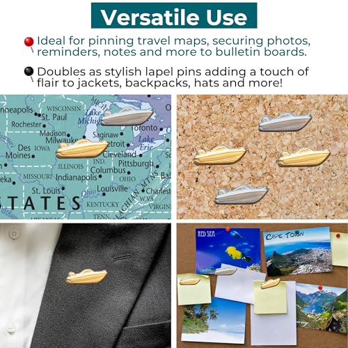 Image of Motor Boat Push Pins - Silver Speedboat Map Pins for Cork Boards, Maps, or Lapel Use - Designed in USA - Set of 10