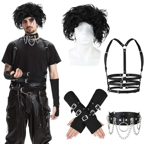 Yearntown 4 Pcs Mens Halloween Costume Accessories Gothic Cosplay Wig Punk Waist Harness Belt Fingerless Gloves Choker