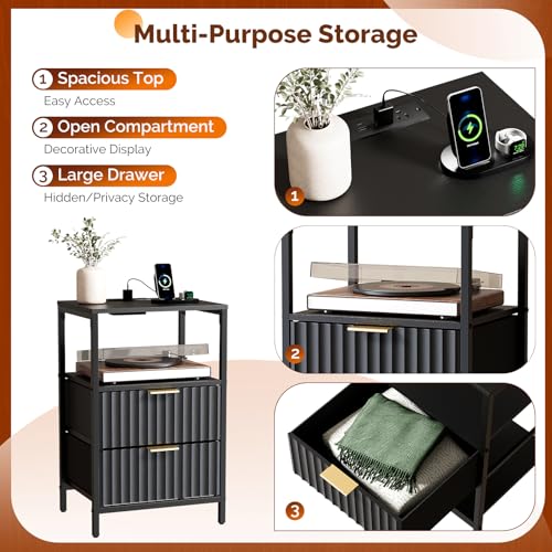 Image of Bonnlo Fluted Nightstand Set of 2, Fabric Dresser with 2 Drawers and 1 Shelf, Bedside Table /End Table with Charging Station, Nightstand for Bedroom, Livingroom, College Dorm, Black