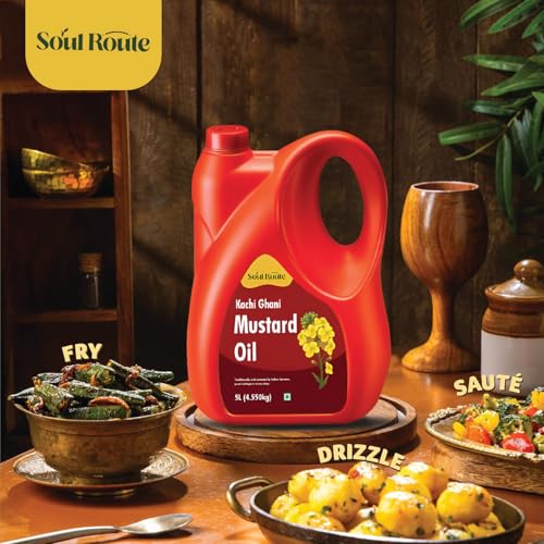 Image of SoulRoute Kachi Ghani Mustard Oil 5 Litre | Pure Sarson Tel Cooking Oil | Rich in MUFA & Vitamin E | 0% Cholesterol | Strong Aroma Mustard Oil for Indian Cooking & Traditional Recipes