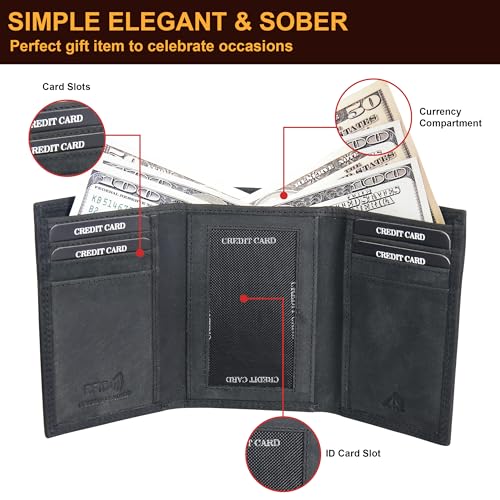 Image of ASAD Leather Slim Everyday Trifold Wallet with ID Window and Multiple Card Slots | Genuine Leather Double Stitched RFID Blocking Stylish | Gift for Him | Black Crazy Horse American Flag Design