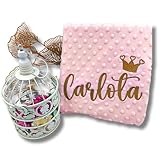 🧶 MANTA BEBÉ PERSONALIZADA CON NOMBRE: Esta manta de alta calidad incluye un bordado personalizado con el nombre del bebé y una adorable corona, perfecta como regalo para recién nacidos y bebés pequeños.