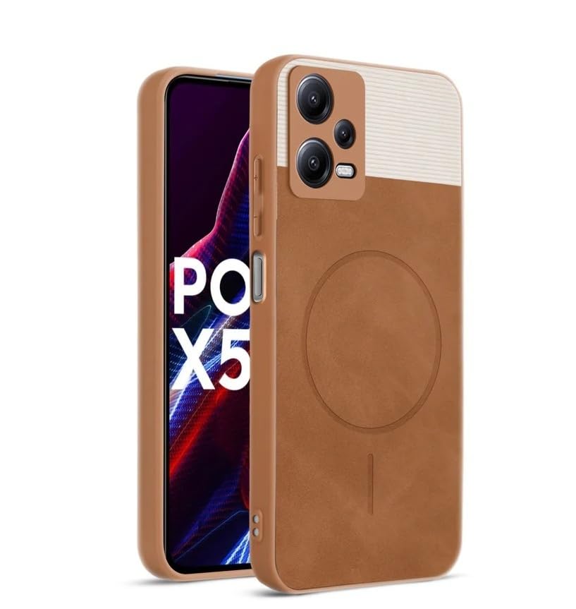 Image of Bintage CASE Mac Safe Design Hard Light Weight Back Case | Soft Border Camera Protect | Dual PU Leather Finish Back Cover Compatible for Poco X5 Pro 5G - White & Brown