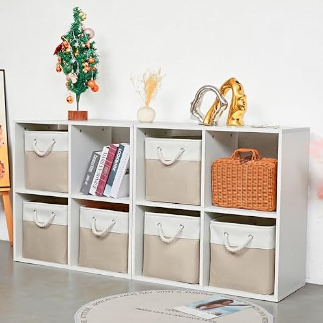12 x 12 Inch Cube Storage Bins, 6 Pack Large Collapsible Fabric Storage Bin with Ropes, Foldable Storage Cubes for Home, Office,Closet, Clothes, Toys Organizer (White & Beige)