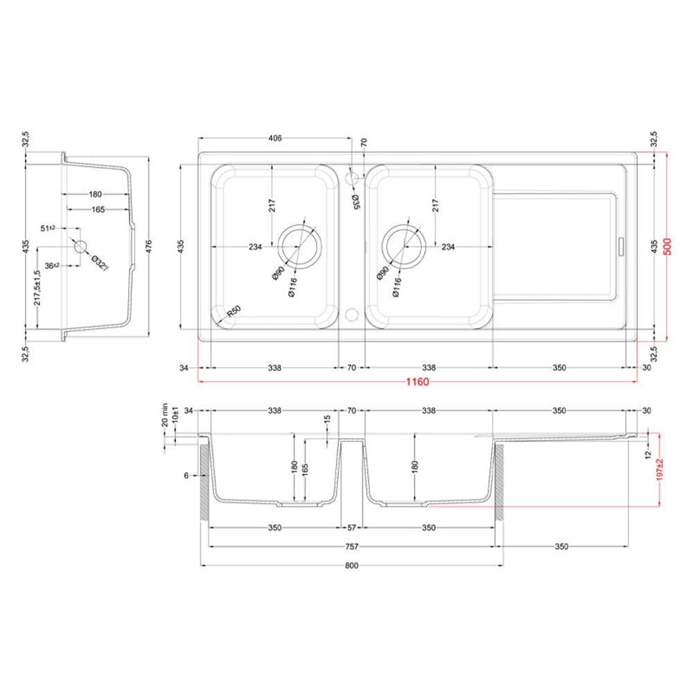 Elleci LG250040 Life 500 - Lavello da cucina, 2 vasche, gocciolatoio, 116x50 cm, Nero