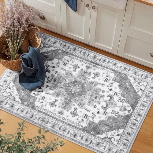SERISSA Boho Rugs for Entryway, 2x3 Grey Entryway Rug Non-Slip Washable Small Area Rug, Ultra Soft Oriental Vintage Low-Pile Indoor Door Mat Floor Carpet for Entrance Bedroom Kitchen Bathroom