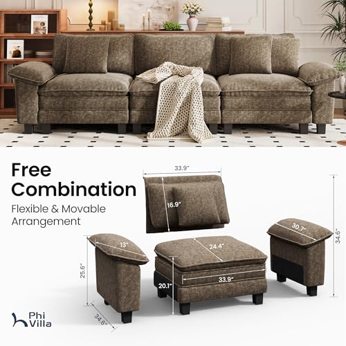 Image of PHI VILLA Modern Modular Couches Sets, 123.6 inch Cloud Sectional Sofa with Upholstered Deep Seat, 3-Seater Couch for Living Room Small Spaces, Chenille Grayish Brown