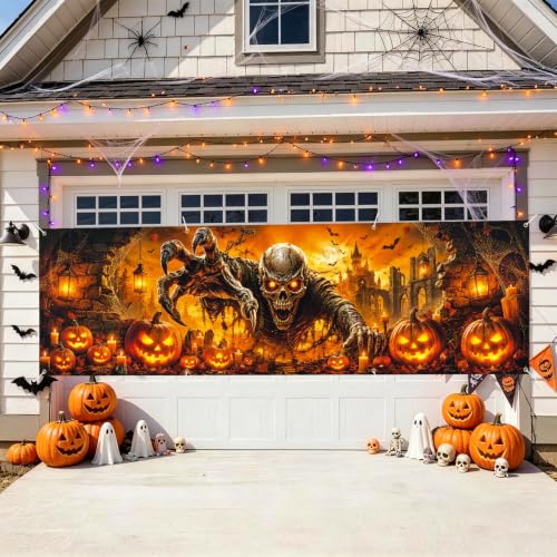 Image of Halloween Banner 118x35.4 Inch Scary Skeleton Pumpkin Party Decoration Backdrop, Creepy Skull Jack O Lantern Outdoor Yard Sign for Festival Celebration, Fence Wall Porch Indoor Outdoor