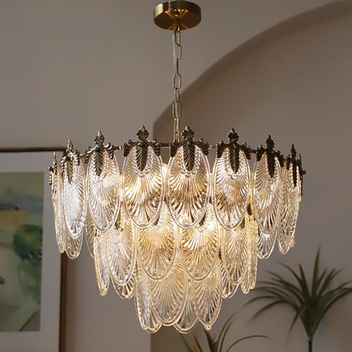 KELUOLY Antique Chandelier 3-Tier Glass Crystal Chandeliers 9-Lights Gold Round Pendant Light 23.6 Brushed Brass Adjustable Height Applicable to Dining Room Bedroom Living Room Foyer Kitchen