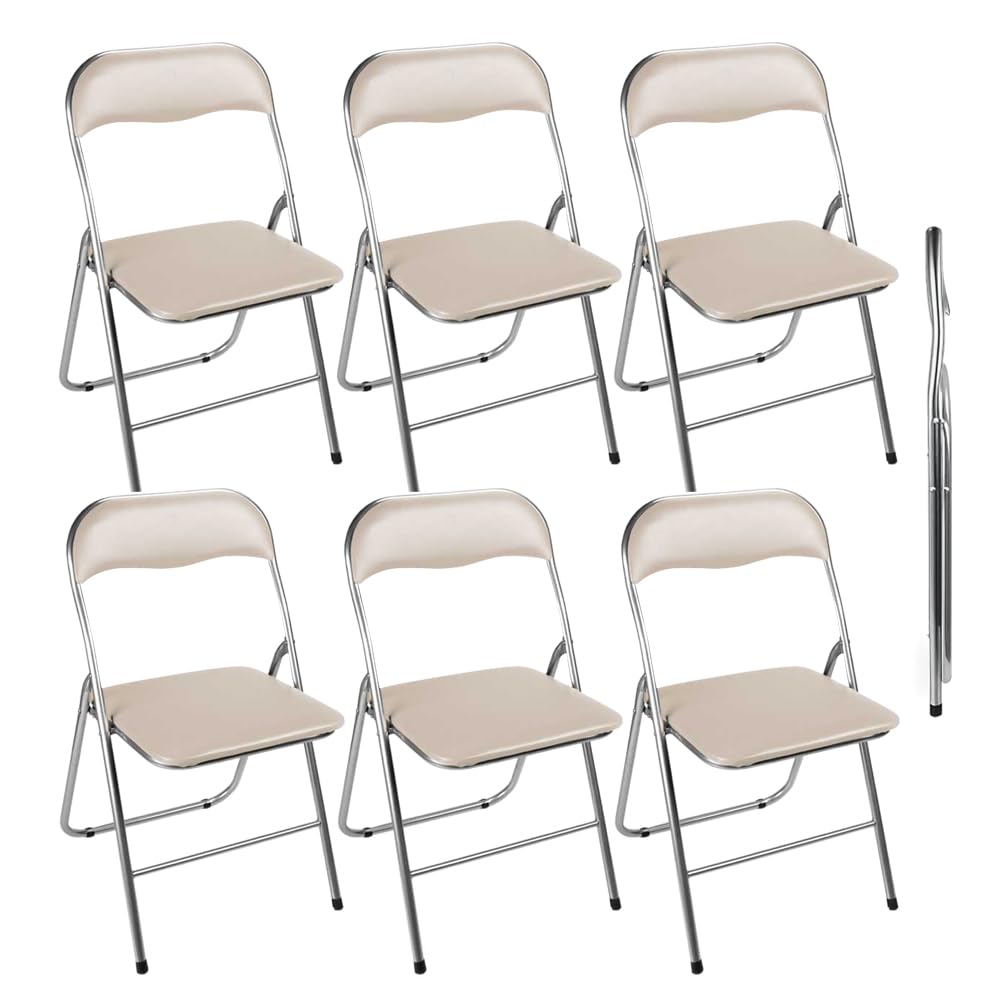 Set 6 Sedie Pieghevoli Imbottite - Seduta Comoda, Portatile, Struttura in Metallo, Slim, Salvaspazio, Resistenti, per Casa, Campeggio, Ufficio - da Interno, Esterno (Beige, Similpelle)
