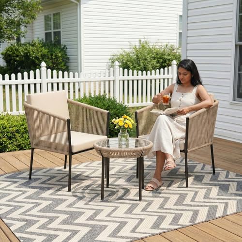 Image of OUTLIVING Braid & Rope 2 Seater Garden Patio Seating Chair and Table Set Outdoor Balcony Garden Coffee Table Set Furniture with 1 Table and 2 Chairs Set with Cushion (Beige)