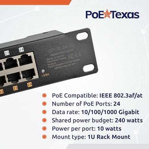 Image of PoE Texas 24 Port PoE Injector - Multi-Port PoE Gigabit Rack Mount Midspan for IP Cameras, Phones, WiFi AP, Add Power Over Ethernet to Non-PoE Switch or Network Router, Includes 56v 240w Power Supply