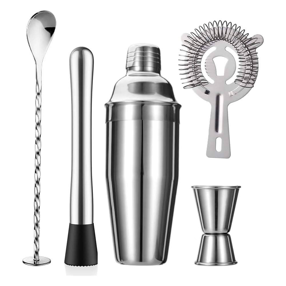 CTRLZS 5-Piece Cocktail Shaker Set Shaker Strainer Jigger T-Mixing Spoon Muddler Bartender Kit Stainless Steel Bar Set