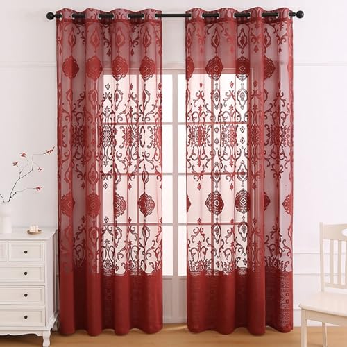 Homxi Cortinas Dormitorio Matrimonio Semitranslucidas 2 Paneles,2 x 140W x 260H CM,Cortina de Ventana Patrón de Florales Encaje Bordado Rojo Cortina Cocina Ojales